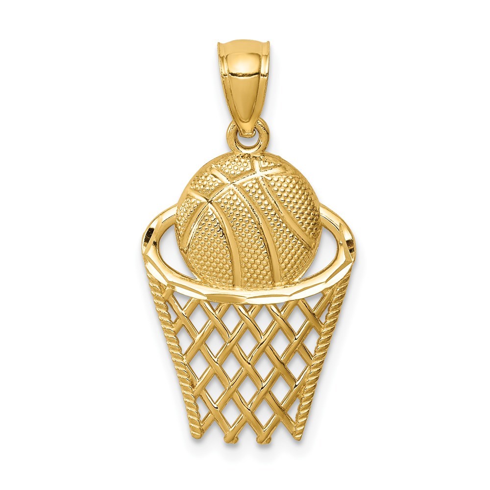 14k Yellow Gold Genuine Sports Basketball in Hoop Necklace Charm Pendant
